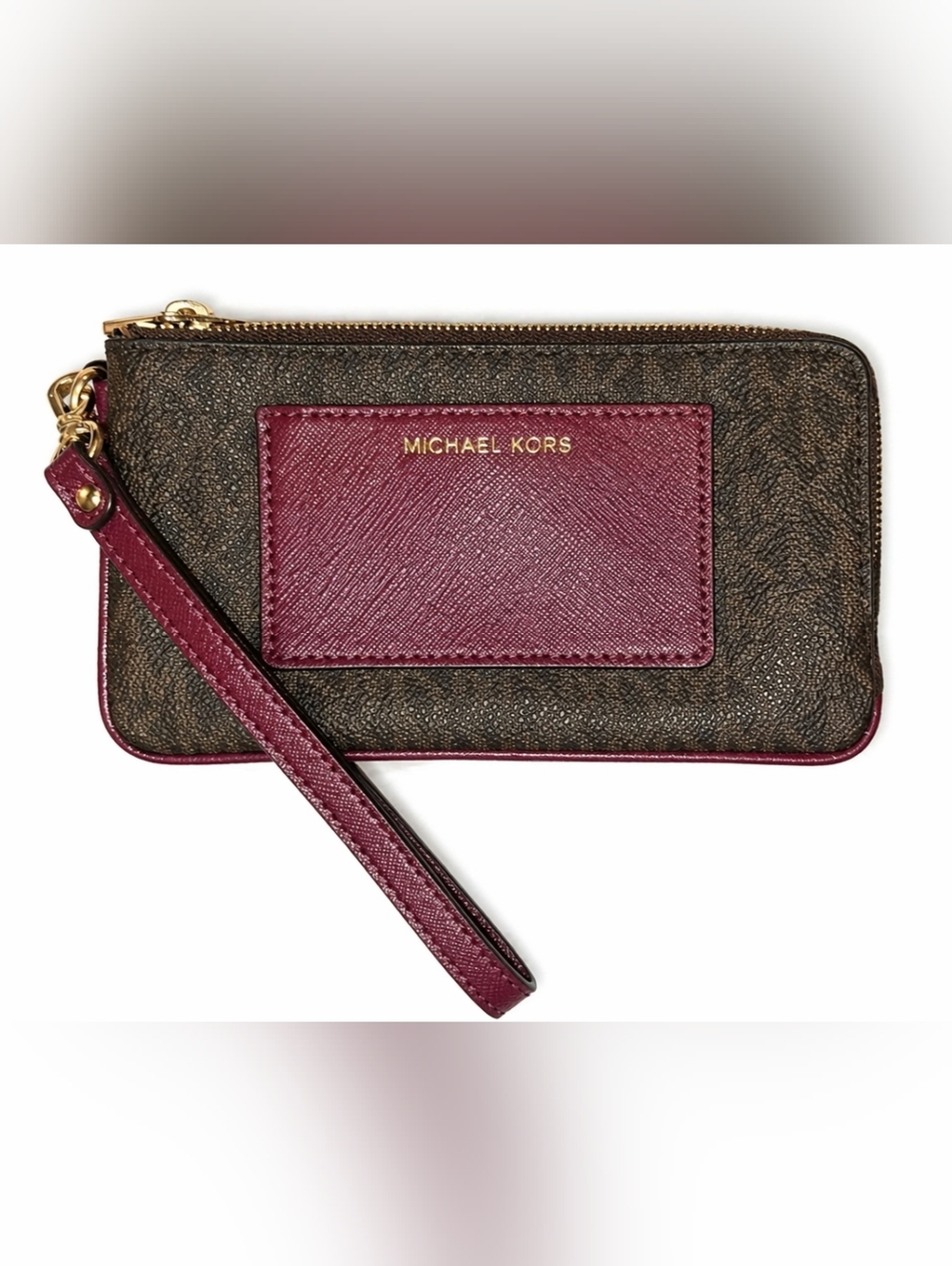 Michael Kors Brown Logo Wristlet with Burgundy Accent